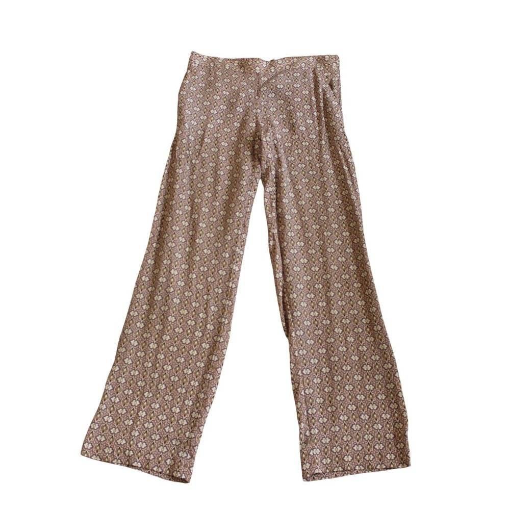 Theory Wide Leg Pants Women Large Tan Floral Geometric Print 100% Silk Excellent - Picture 3 of 3